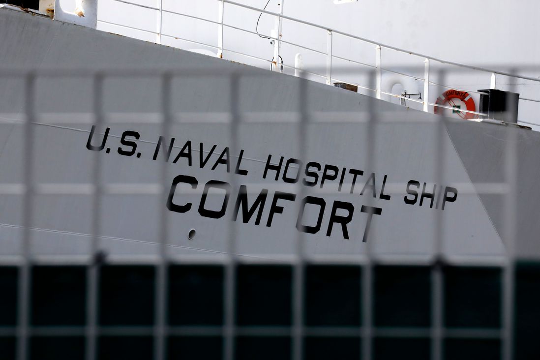The US Naval Hospital Ship Comfort docked at Pier 90 is now being used for coronavirus Covid-19 patients, in New York